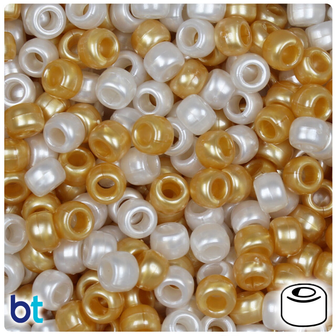 BeadTin Gold & Bridal Pearl 9mm Barrel Plastic Pony Beads (500pcs)